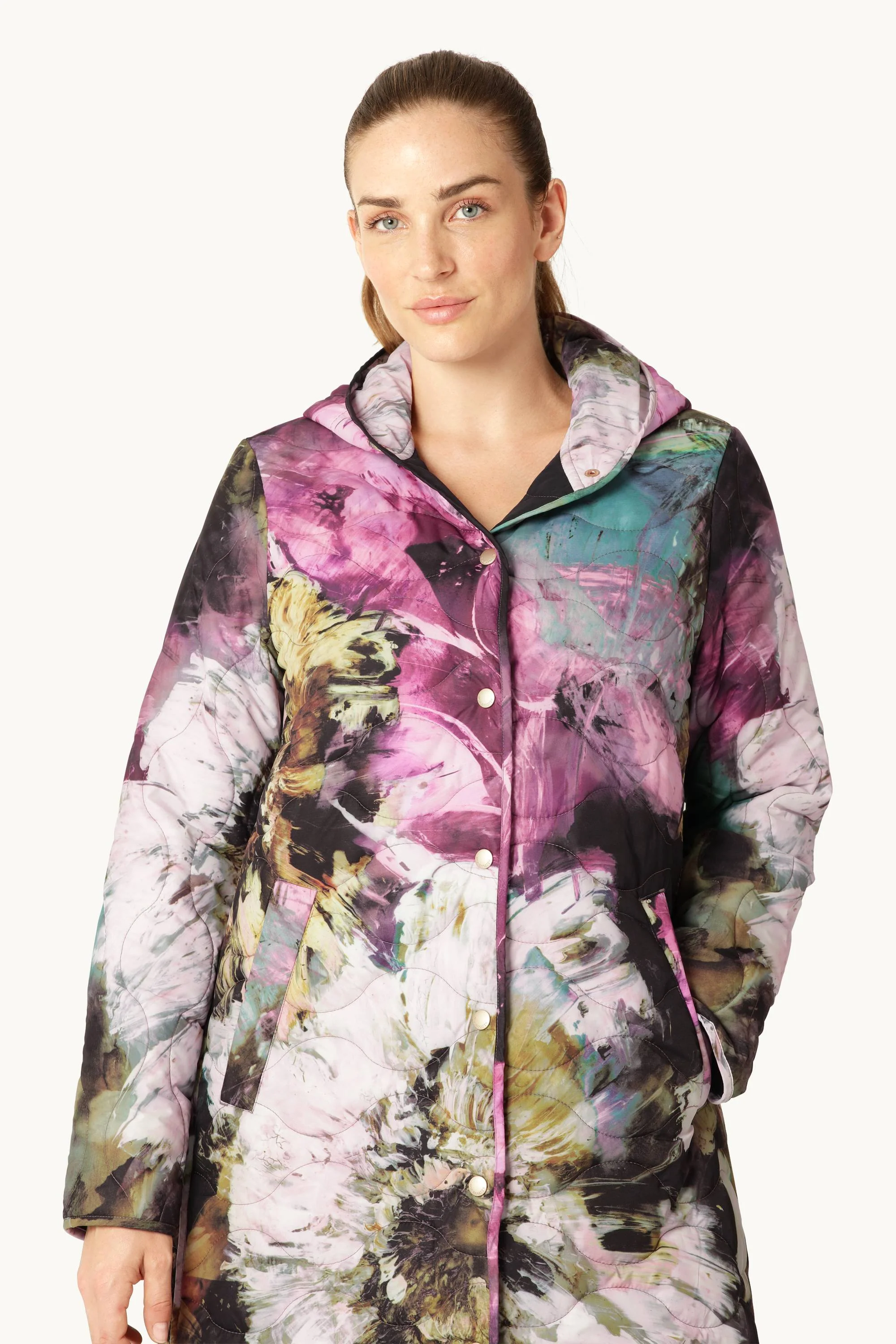Long Quilt Coat - Artistic Flower Print - Image 10