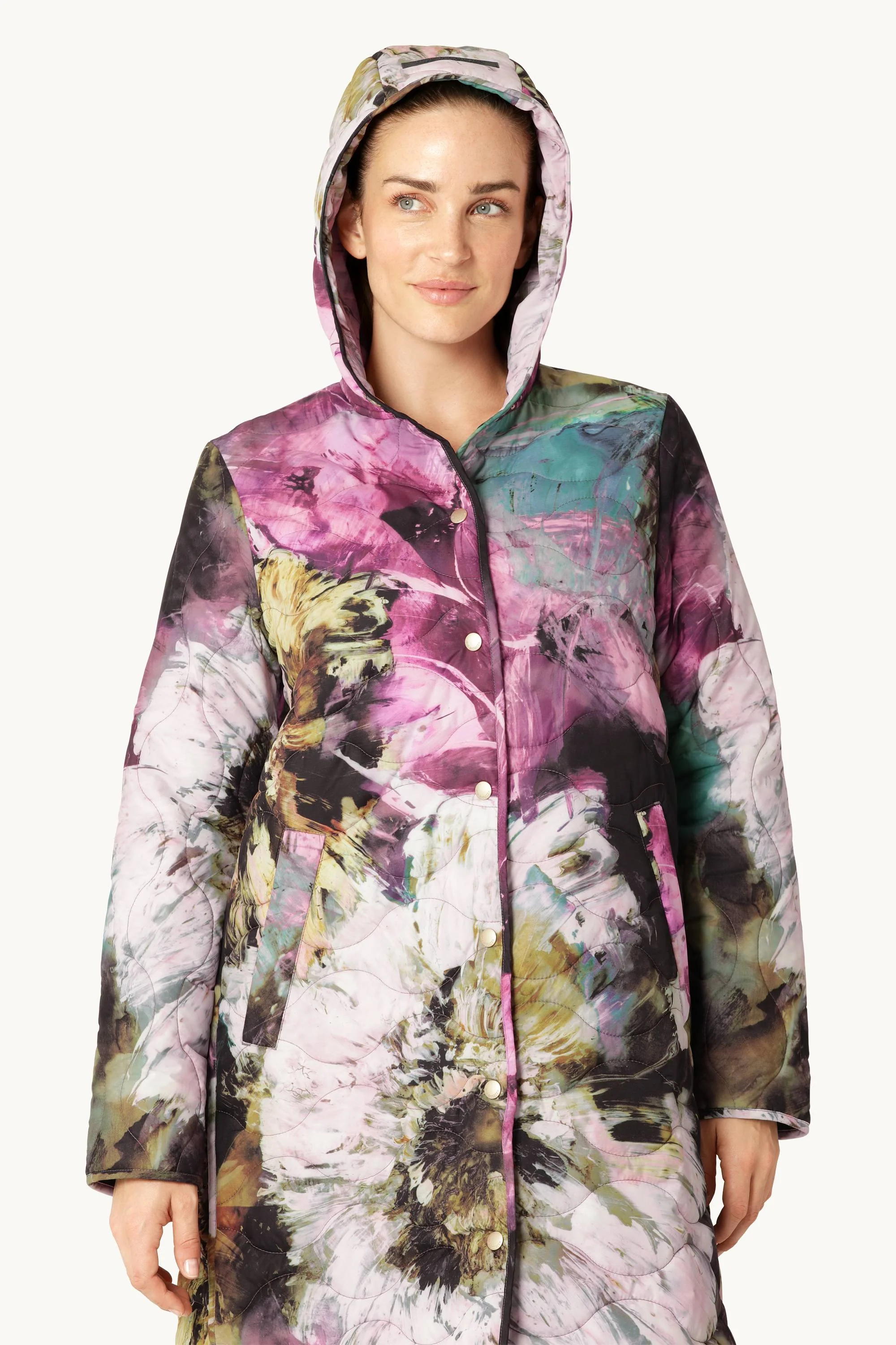 Long Quilt Coat - Artistic Flower Print - Image 11