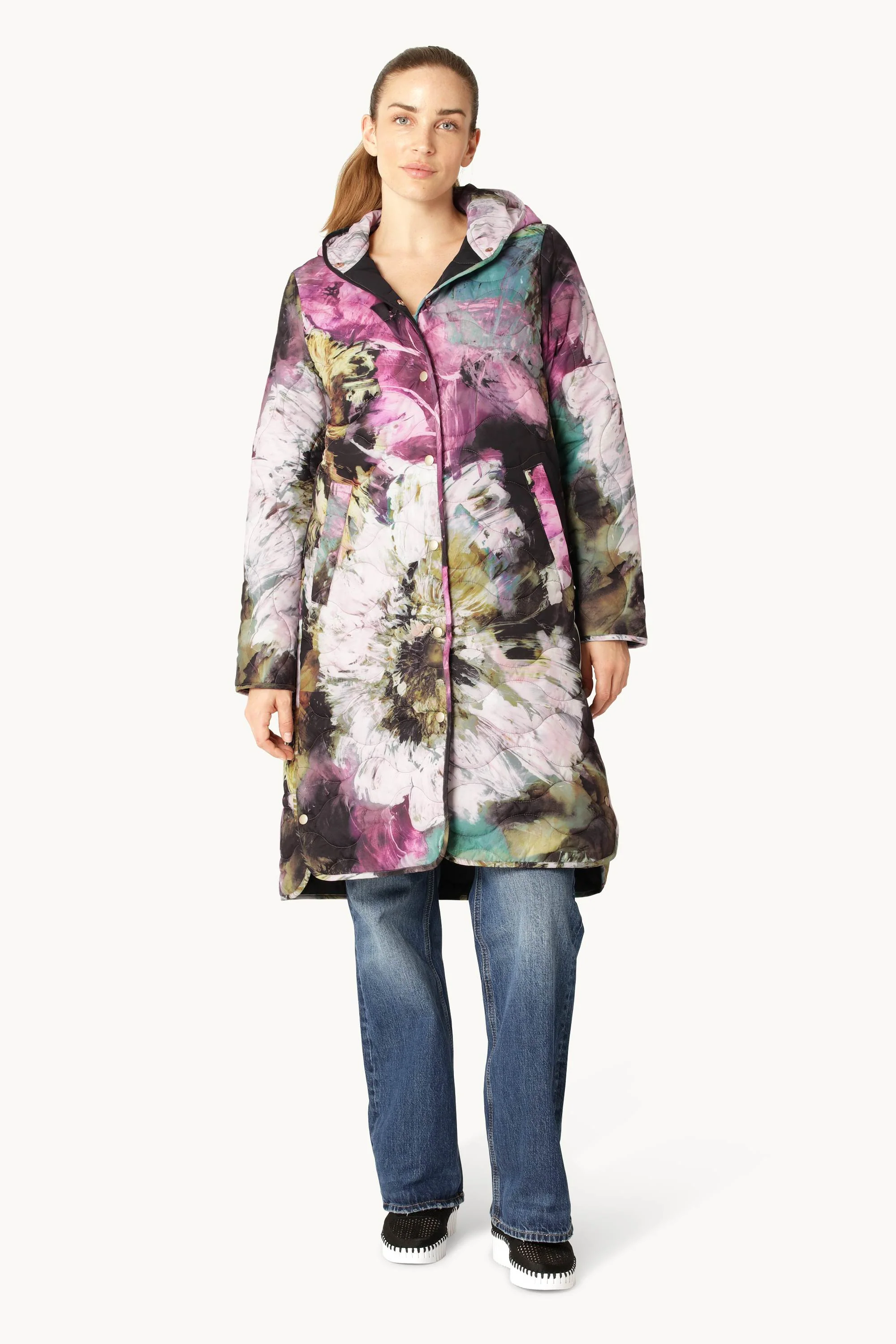 Long Quilt Coat - Artistic Flower Print - Image 5