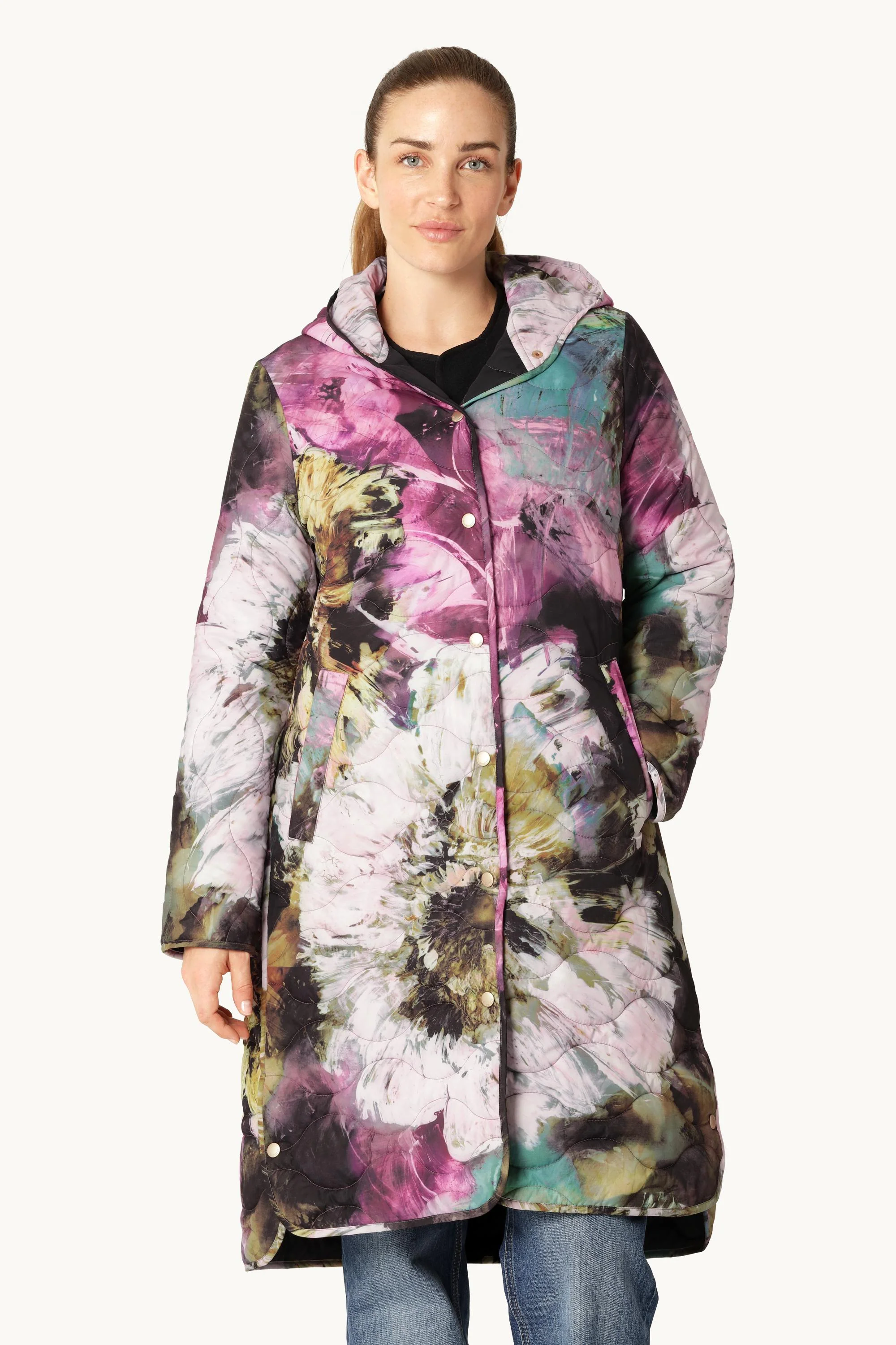 Long Quilt Coat - Artistic Flower Print - Image 6