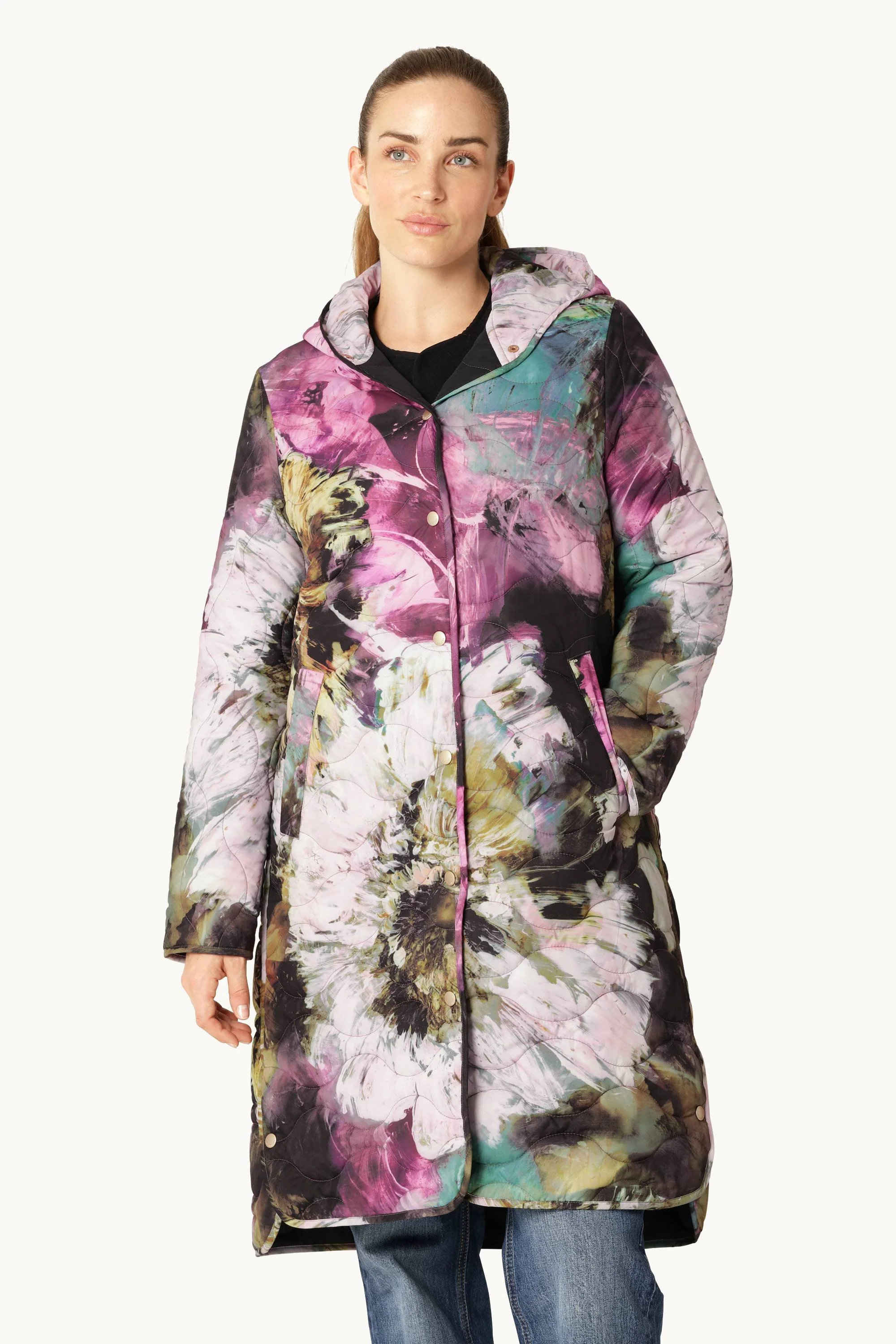 Long Quilt Coat - Artistic Flower Print - Image 7