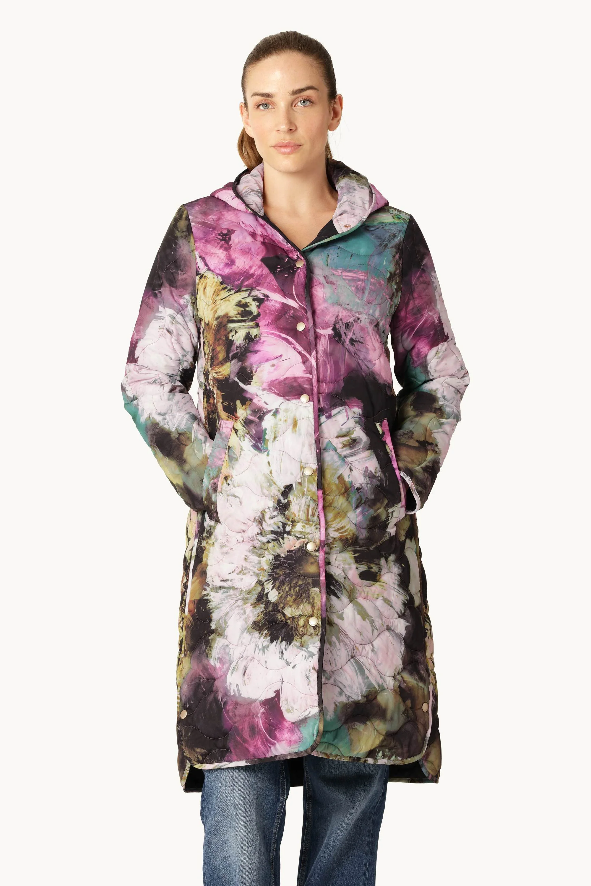 Long Quilt Coat - Artistic Flower Print - Image 8